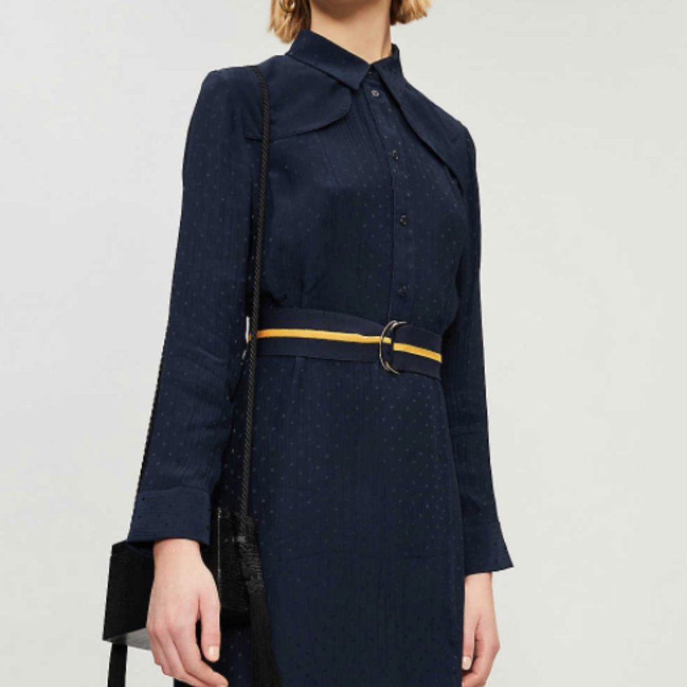 SOLD. Sandro Contrast Belt Woven Long Sleeve Dress - Picture 2 of 8